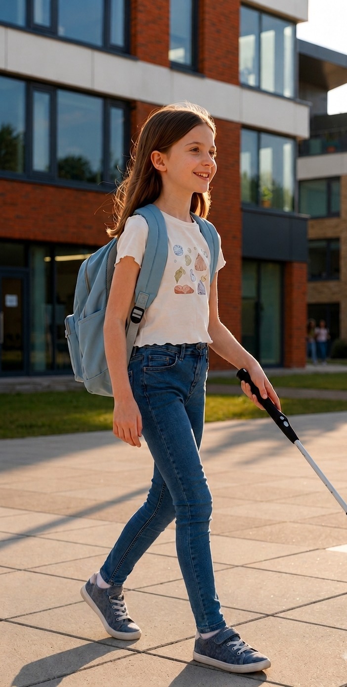 A photograph of a young girl smiling brightly as she walks confidently along a paved campus path. She is wearing a backpack and holding a WeWALK Smart Cane 2 naturally in her hand, with the cane extended forward as she walks.The scene feels natural, and authentic, capturing an everyday moment of an independent student walking across campus. A photograph of a young girl smiling brightly as she walks confidently along a paved campus path. She is wearing a backpack and holding a WeWALK Smart Cane 2 naturally in her hand, with the cane extended forward as she walks.The scene feels natural, and authentic, capturing an everyday moment of an independent student walking across campus.